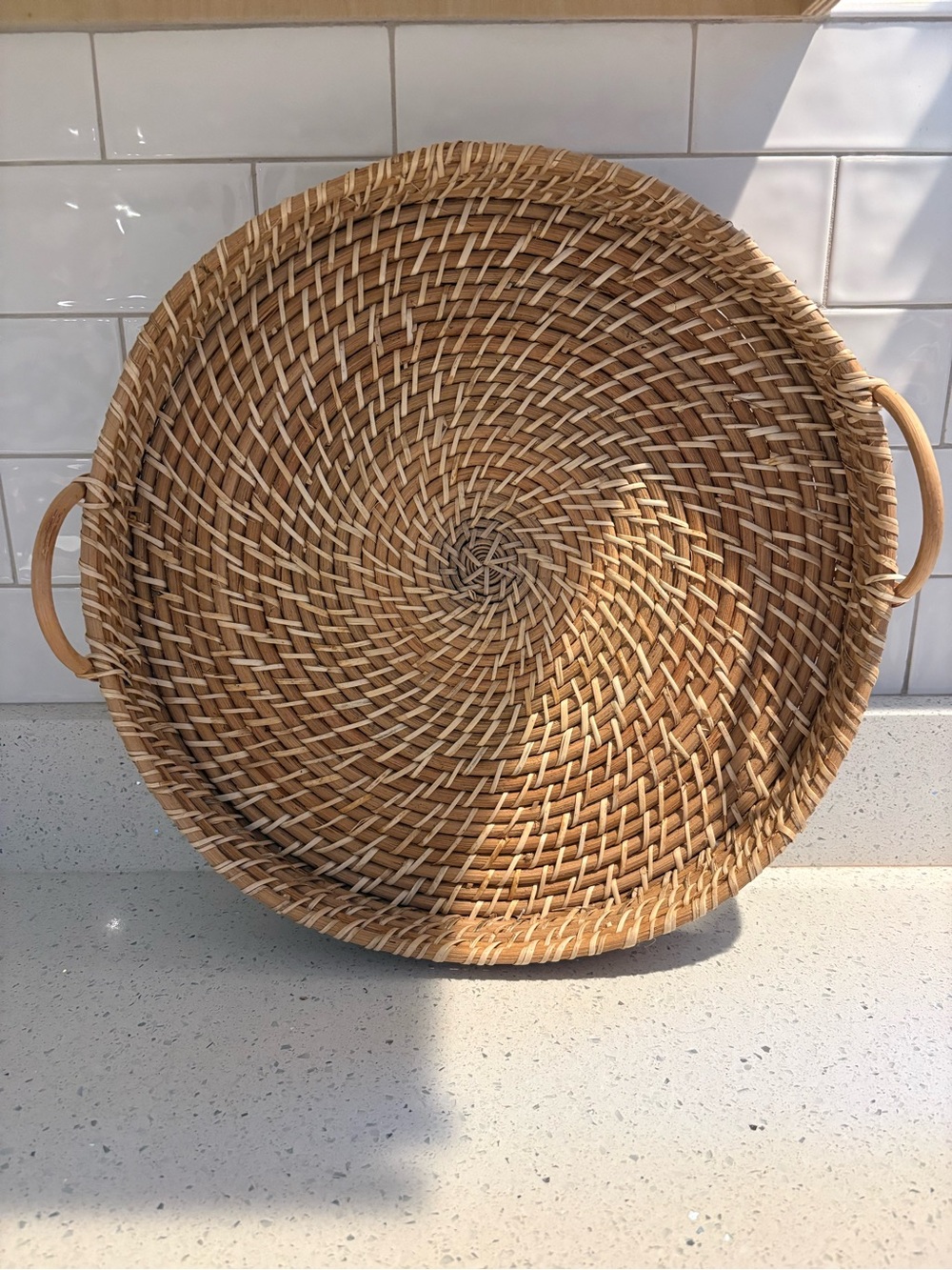 William Sonoma Round Woven Rattan Serving Tray with Handles - Natural Tan